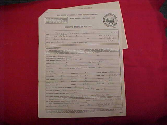 1953 NJ SCOUT'S MEDICAL RECORD, PHYSICAL, PORTAGE TRAILS COUNCIL, IRVINE RANCH, CALIFORNIA