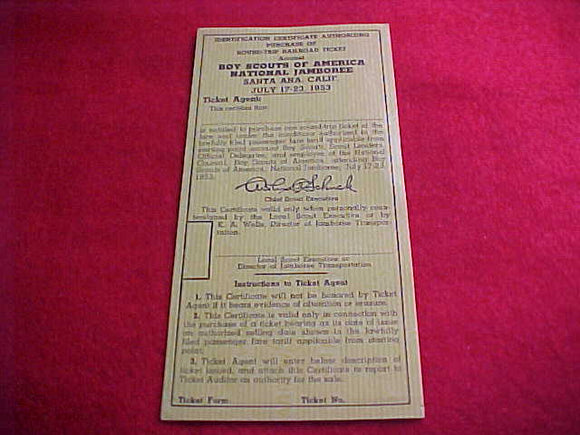 1953 NJ CERTIFICATE TO AUTHORIZE DISCOUNTED ROUND-TRIP RAILROAD TICKET, JULY 17-23, 1953