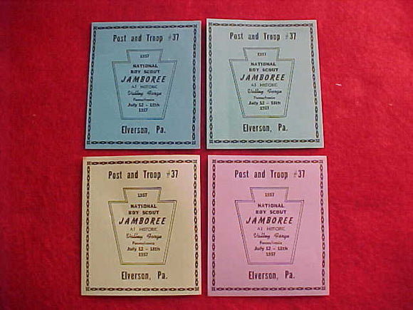 1957 NJ SEALS, POST AND TROOP 37, ELVERSON, PA., SET OF FOUR DIFFERENT COLORS