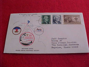 1969 NJ CACHE ENVELOPE, W/ ADDRESS TO TROOP 30, , INLAND EMPIRE COUNCIL, 1950 BSA USA STAMPS
