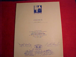1985 NJ CERTIFICATE OF RECOGNITION, ARTS & SCIENCE FAIR