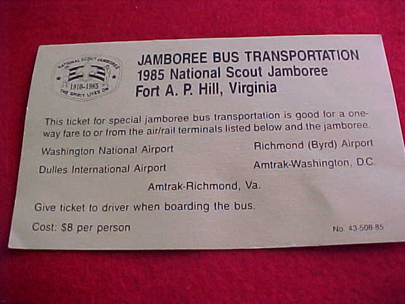 1985 NJ BUS TICKET, JAMBOREE TRANSPORTATION