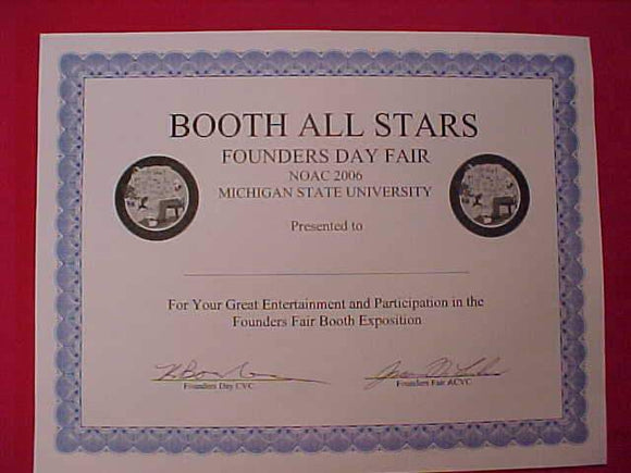 2006 NOAC CERTIFICATE, FOUNDERS DAY FAIR BOOTH EXPOSITION