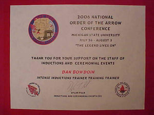 2006 NOAC STAFF CERTIFICATE, INTENSE INDUCTIONS TRAINER TRAINING TRAINER