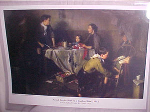 HIGH QUALITY PRINT OF U.K. SCOUT PAINTING, "GOOD SERVICE WORK IN A LONDON SLUM" BY ERNEST STAFFORD CARLOS, 1912, 23 X 15"