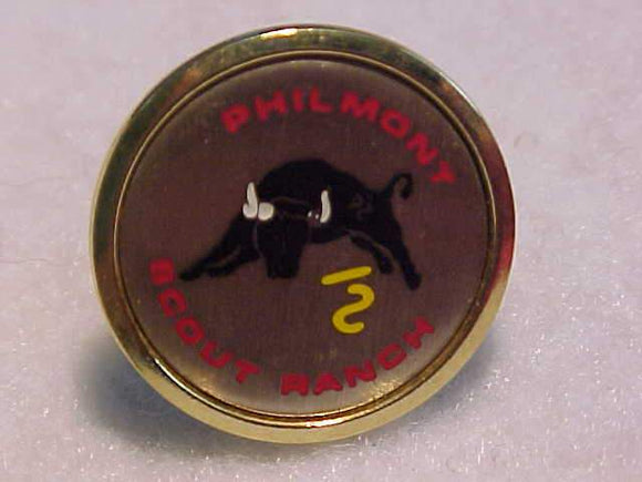 PHILMONT PIN, PHILMONT SCOUT RANCH, 20MM ROUND, METAL, SILVER BKGR., GOLD BORDER