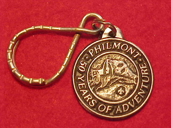 PHILMONT KEY CHAIN, 1988, 50 YEARS OF ADVENTURE, PEWTER