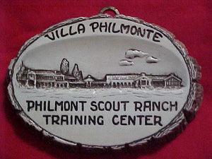 PHILMONT SCOUT RANCH WALL PLAQUE, TRAINING CENTER, VILLA PHILMONTE, PLASTER, 2.75 X 4"