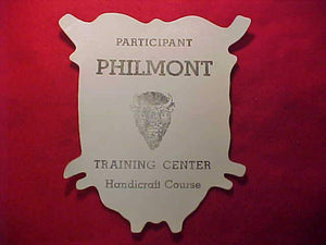 PHILMONT TRAINING CENTER PATCH, HANDICRAFT COURSE PARTICIPANT, WHITE LEATHER W/ BLACK SILKSCREEN