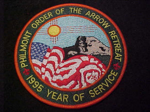 PHILMONT JACKET PATCH, OA RETREAT, 1995 YEAR OF SERVICE, 5" ROUND