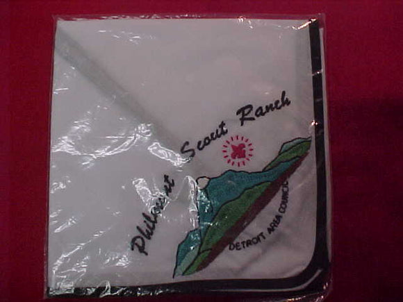 PHILMONT SCOUT RANCH NECKERCHIEF, DETROIT AREA COUNCIL, WHITE W/ BLACK PIPING, MINT IN ORIG. BAG