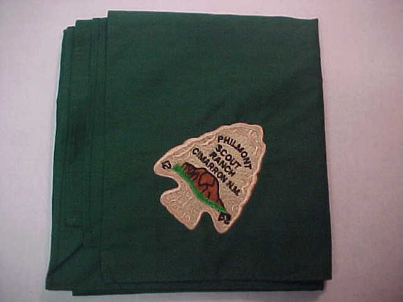 PHILMONT SCOUT RANCH NECKERCHIEF, GREEN FULL SQUARE WITH ARROWHEAD EMBROIDERRED ONTO N/C, MINT