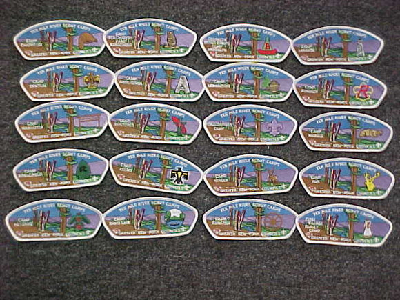 GREATER NEW YORK COUNCILS, TEN MILE RIVER SCOUT CAMPS, SET OF 20 PATCHES, 75TH ANNIV., 100 OF EACH MADE, WHITE BDR., SA-49 THRU SA87 ODD NUMBERS