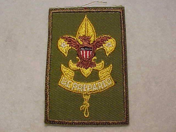 FIRST CLASS RANK, TYPE 11B, VERTICAL STITCHED SCROLL, COARSE TWILL, 5 TAIL FEATHERS, GAUZE BACK, 1955-64