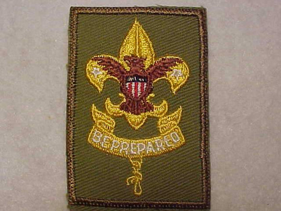 FIRST CLASS RANK, TYPE 11B, VERTICAL STITCHED SCROLL, COARSE TWILL, 5 TAIL FEATHERS, WHITE GLUE BACK, 1955-64