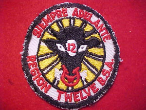 REGION 12 PATCH, CUT EDGE, SPACE FOR SMOKE FROM NOSE NOT EMBROIDERED/TWILL SHOWS THRU, TWILL RIGHT, USED