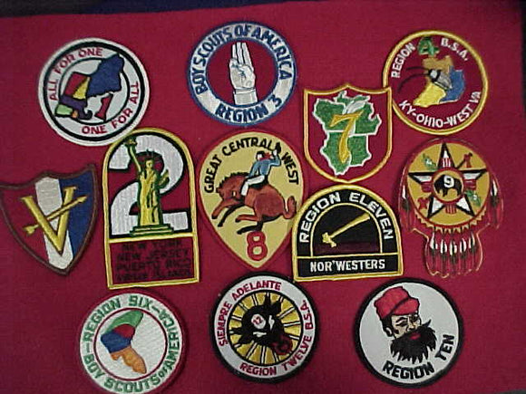 Region 12, Region 1-12 reproduction set, all plastic backs, issued 1972 by BSA, set of 12 patches
