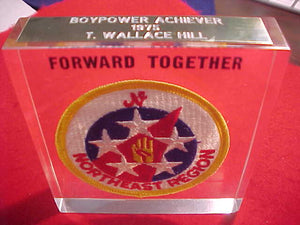 NORTHEAST REGION PAPERWEIGHT, LUCITE, FORWARD TOGETHER PATCH, 5 STARS, 1975 BOYPOWER ACHIEVER METAL EMBLEM ON SIDE, 106 X 98 X 23MM, MINT IN BOX