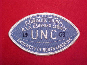 UNIVERSITY OF NORTH CAROLINA, OCCONEECHEE COUNCIL, BSA USHERING SERVICE PATCH, 1963