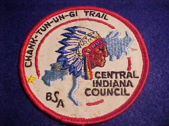 CHANK-TUN-UN-GI TRAIL PATCH, CENTRAL INDIANA COUNCIL, DK. BLUE FEATHER TIPS, USED