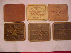 FIFTY MILER AWARD PATCHES (6), LEATHER, 6 VARIETIES OF THE SAME DESIGN