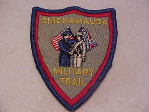 CHICKAMAUGA MILITARY TRAIL PATCH, 3 X 3 5/8" SHIELD SHAPE, SWISS EMBROIDERED, LT. GRAY TWILL, USED