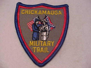 CHICKAMAUGA MILITARY TRAIL PATCH, 3 X 3 5/8" SHIELD SHAPE, SWISS EMBROIDERED, DK. GRAY TWILL, USED