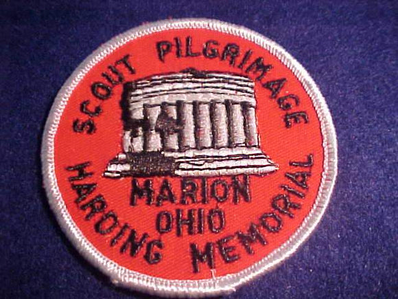 HARDING MEMORIAL SCOUT PILGRIMAGE PATCH, MARION, OHIO, REDDISH ORANGE TWILL/WHITE BDR.