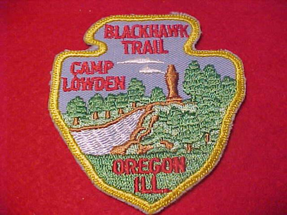 BLACKHAWK TRAIL PATCH, CAMP LOWDEN, OREGON, ILL., YELLOW CUT EDGE