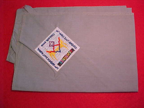 2003 WJ NECKERCHIEF, OFFICIAL, GRAY W/ EMBROIDERY DIRECTLY ON CLOTH, THAI WORKERS ISSUE, GIVEN 1/WORKER, SLIGHT USE