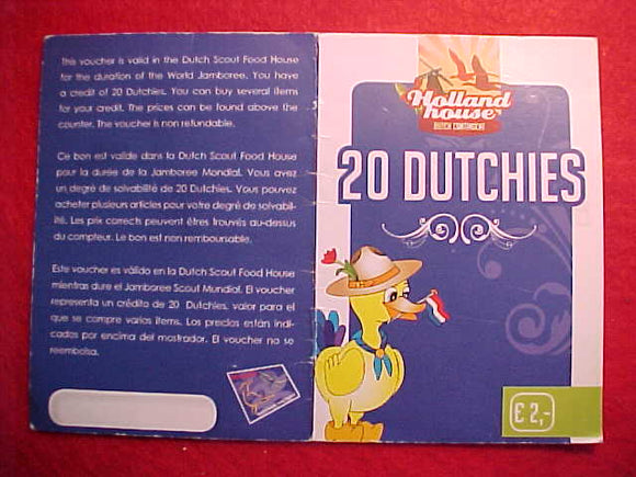 2007 WJ 20 DUTCHIES CARD, HOLLAND HOUSE DUTCH CONTIGENT, (COUPONS FOR FOOD PURCHASE AT DUTCH SCOUT FOOD HOUSE AT WJ)