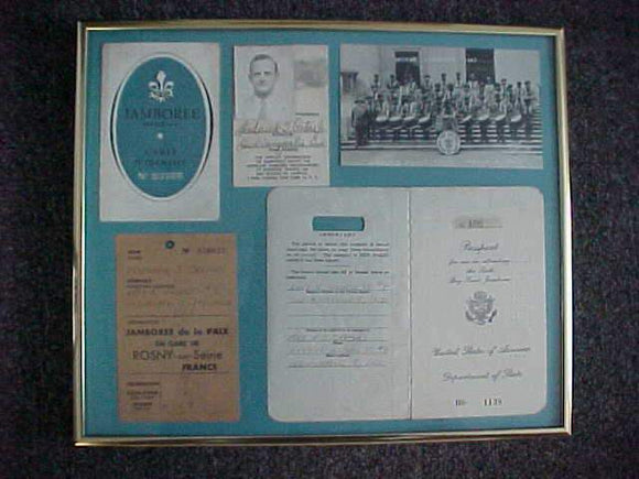 1947 WJ PAPER COLLECTION, OFFICIAL USA PASSPORT ISSUED FOR SCOUT, JAMBO ID CARD, BSA PHOTO ID CARD, TROOP 16 DRUM & BUGLE PHOTO POSTCARD FROM INDIANAPOLIS, IN., FRAMED, READY FOR DISPLAY