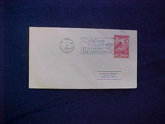 1959 WJ POSTCARD WITH PHILIPPINES WORLD JAMBOREE STAMP CANCELLED 10/31/59, BOY SCOUT WEEK