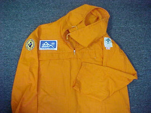 1975 WJ ANORAK, SENIOR SCOUT CAMP, WOVEN PATCH ON SLEVE (SSC), WORLD CONVERSATION AWARD (PANDA) PATCH ON OTHER SLEVE, ANORAK IS ORANGE, SIZE 44, RARE