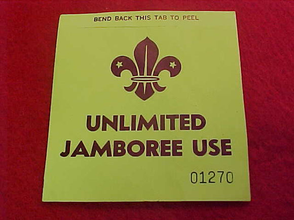 1975 WJ STICKER, UNLIMITED JAMBO USE PARKING PASS, 76 X 82MM
