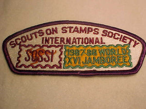 1988 WJ SHOULDER PATCH, SOSSI STAFF, SCOUTS ON STAMPS SOCIETY INTERNATIONAL