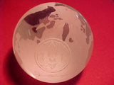 1999 WJ PAPERWEIGHT, ETCHED GLASS GLOBE W/ BSA CONTIGENT LOGO ON ONE SIDE, CHIEF SCOUT EXECUTIVE PATCH DESIGN & AUTOGRAPH OF JERE RATCLIFFE ON OTHER SIDE, RARE!