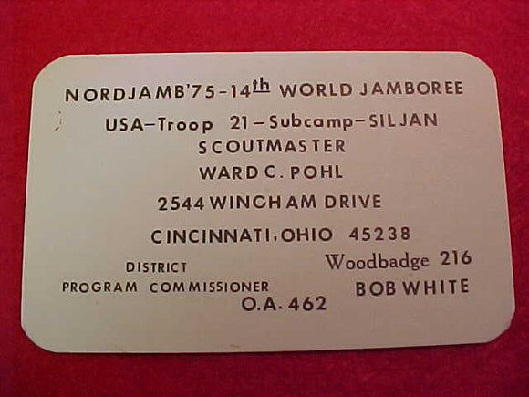 1975 WJ BUSINESS CARD, BSA SCOUTMASTER WARD POHL, CINCINNATI, OH