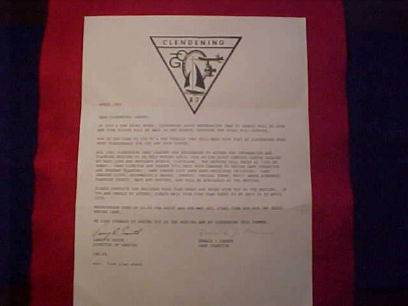 CLENDENING LETTER, CAMP DIRECTOR TO SCOUT LEADERS, 1982