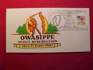 OWASIPPE SCOUT RESV. CACHE ENVELOPE, 1911-1981, POSTMARKED "AUG. 20, 1981, TWIN LAKE, MI, 49457