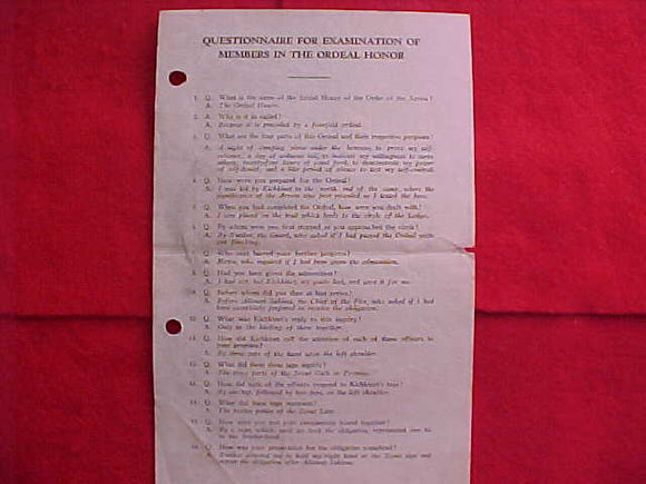 QUESTIONAIRE FOR EXAMINATION OF MEMBERX IN THE ORDEAL HONOR, 1949, (QUESTIONS FOR THE BROTHERHOOD AWARD), FAIR CONDITION