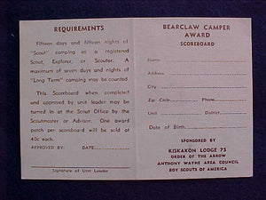 OA LODGE 75-KISKAKON, 1960'S, BEARCLAW CAMPER AWARD SCOREBOARD